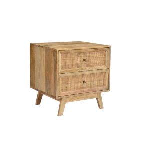 Tulum Mango Wood and Rattan Bedside Table - 2 Drawer color Natural