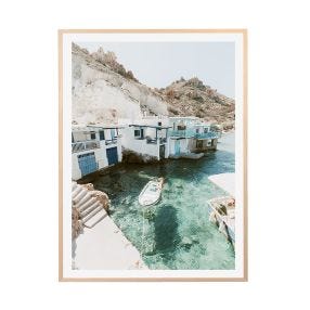 Milos Boat View Natural Veneer Framed Print - 85cm x 114cm color Blue